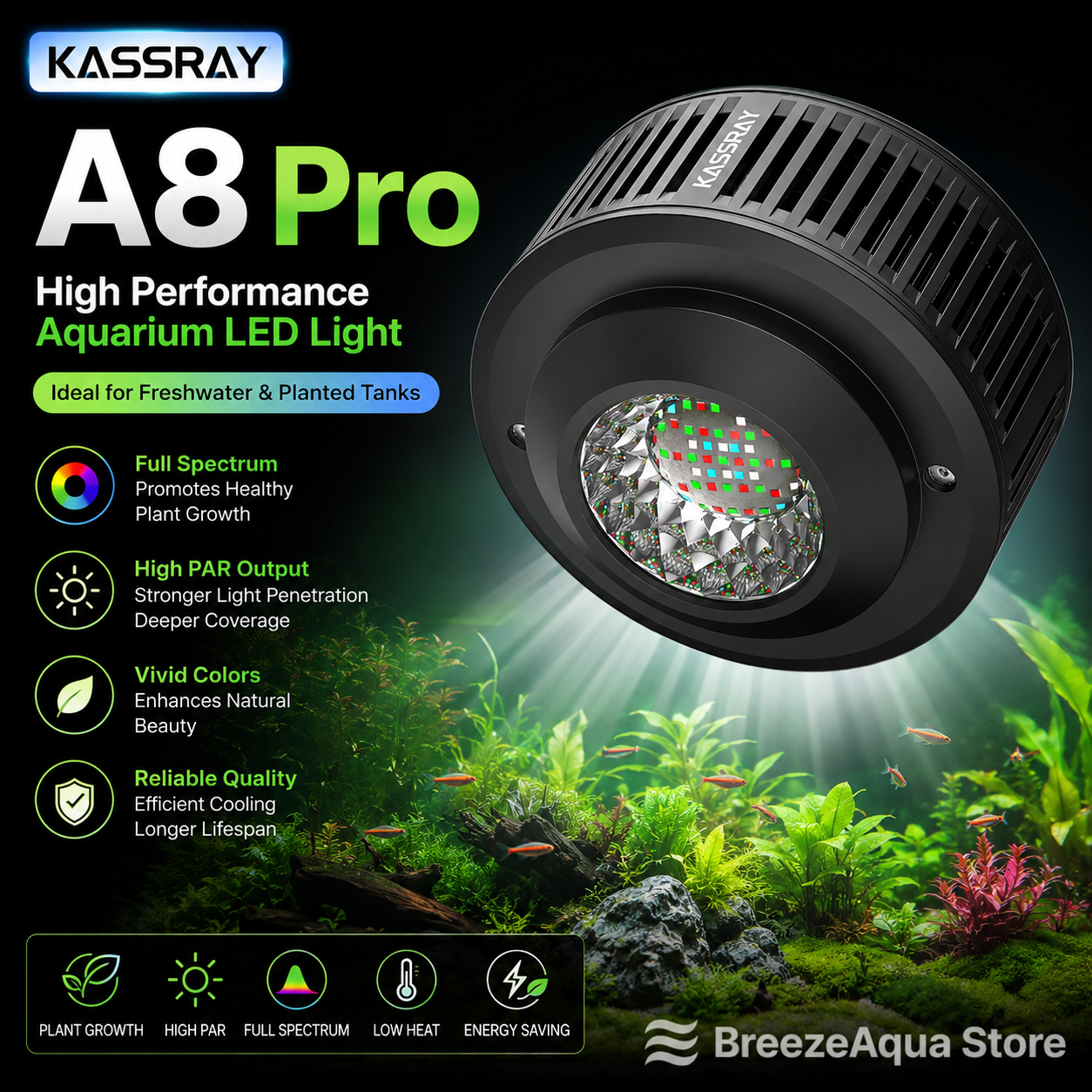 Planted Aquarium Algae Control - KASSRAY A8Pro 90W WRGB Aquarium Light